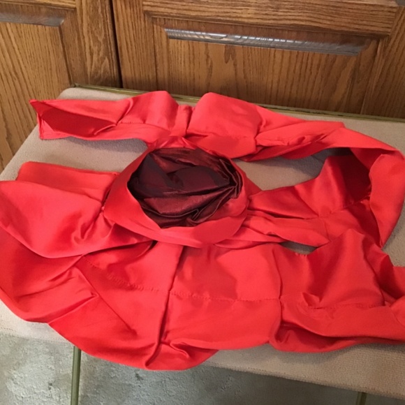 NWT Katherine’s Collection Red Satin scarf w/removable flower accent, 64” long - Picture 7 of 13